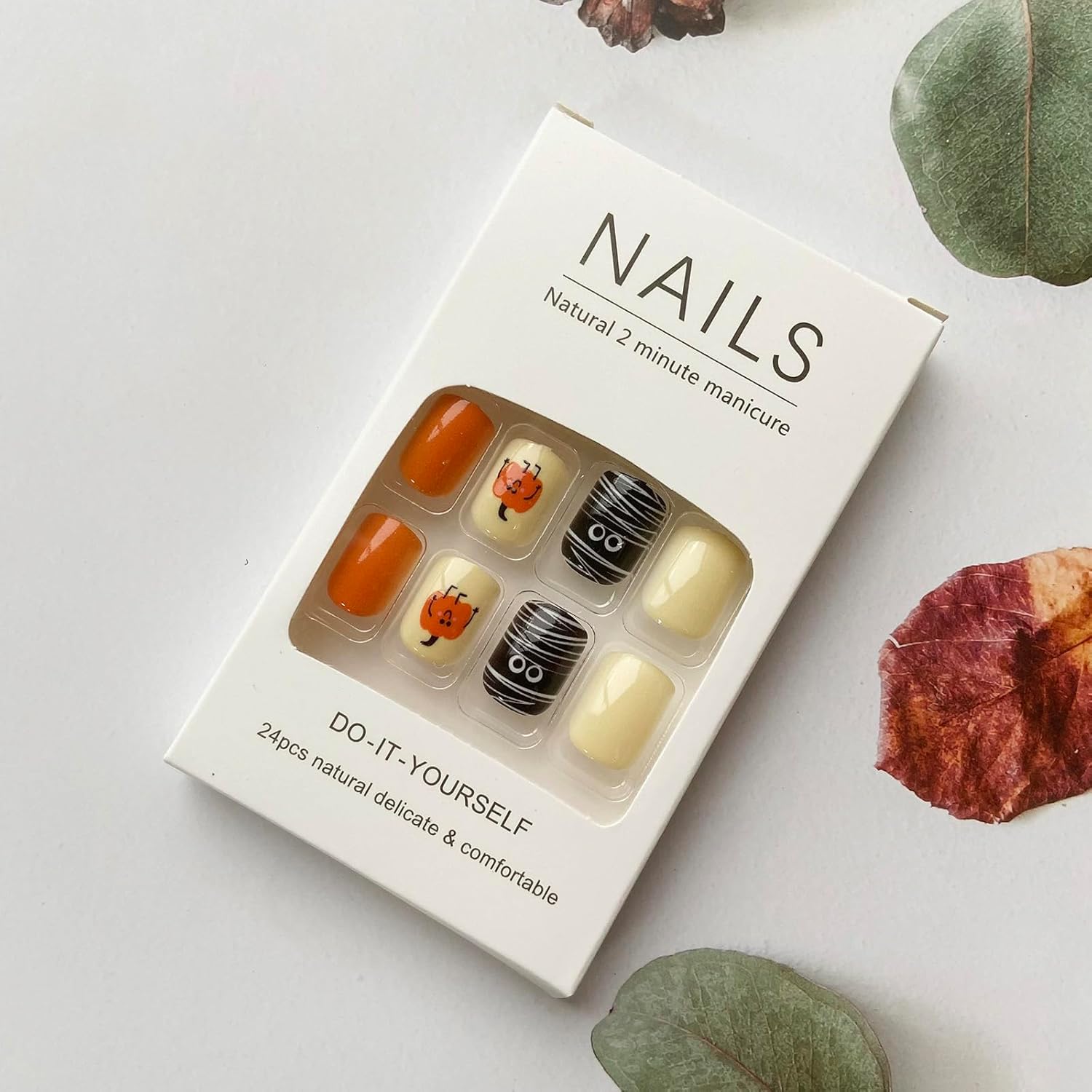 24 uñas postizas cortas cuadradas para Halloween, color naranja, negro, calabaza, fantasma, uñas acrílicas artificiales con pegamento, uñas
