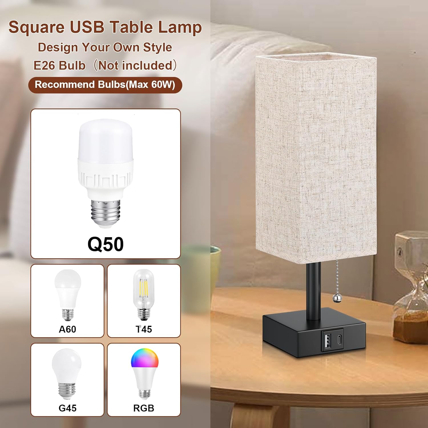 Lámpara de noche beige con puertos USB, lámpara de dormitorio con cadena de tracción para mesita de noche, lámpara de mesa pequeña con USB C + un