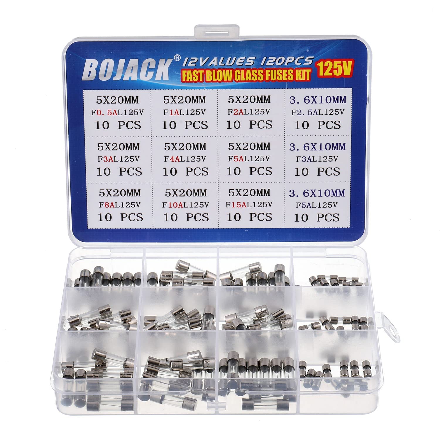 BOJACK Fusibles de luz de Navidad de 0.197×0.787 in 125V 0.5A 1A 2A 3A 4A 5A 8A 10A 15A Fusible de vidrio de soplado rápido 3.6X10mm Mini fusible