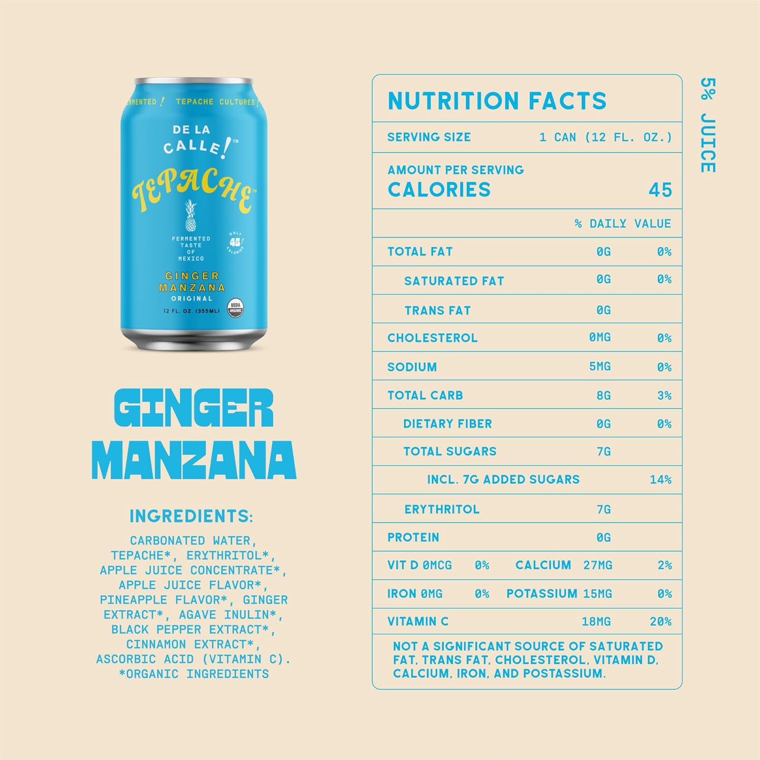 De La Calle Tepache – Ginger Manzana – Soda mexicana moderna – Bebida espumosa de piña fermentada artesanal – Orgánica certificada, rica en