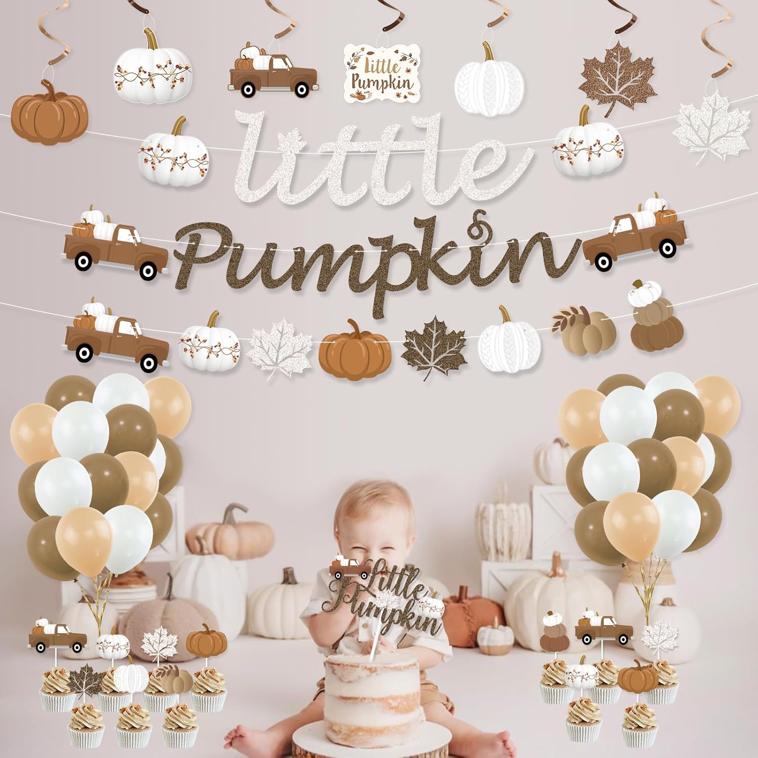 K KUMEED Decoraciones de fiesta de calabaza pequeña, pancarta de calabaza pequeña, hojas de otoño, calabaza, camión, decoración de pastel, globos de