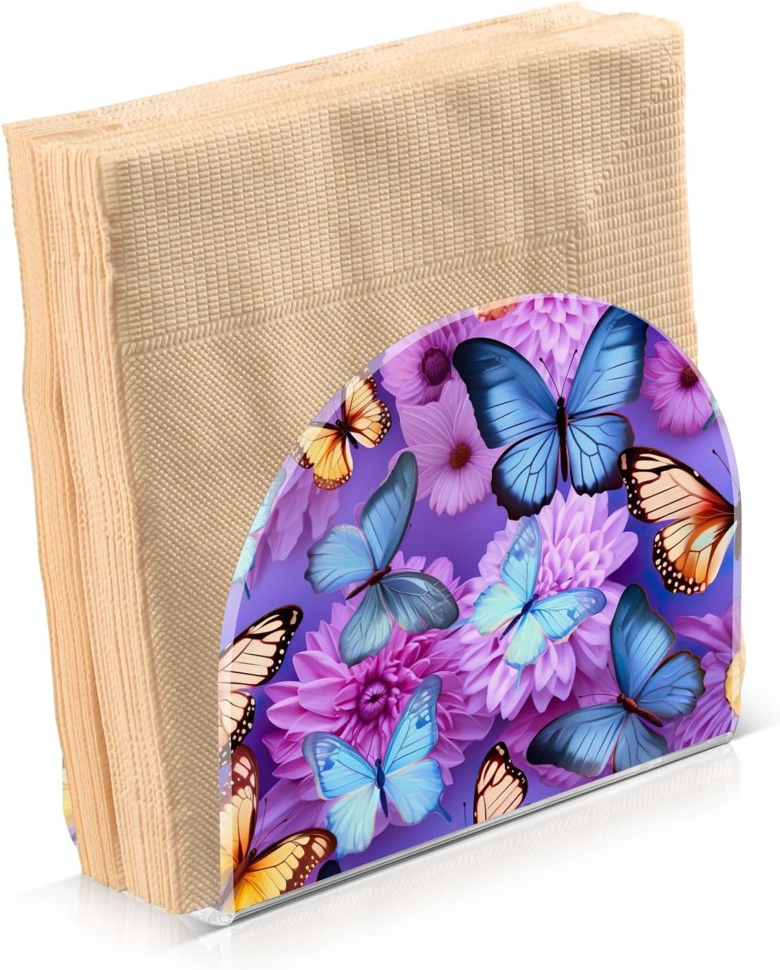 Dispensador de servilletas de flores moradas con mariposas, soporte de acrílico para servilletas de cóctel para mesas, servilleta de pie para cena,