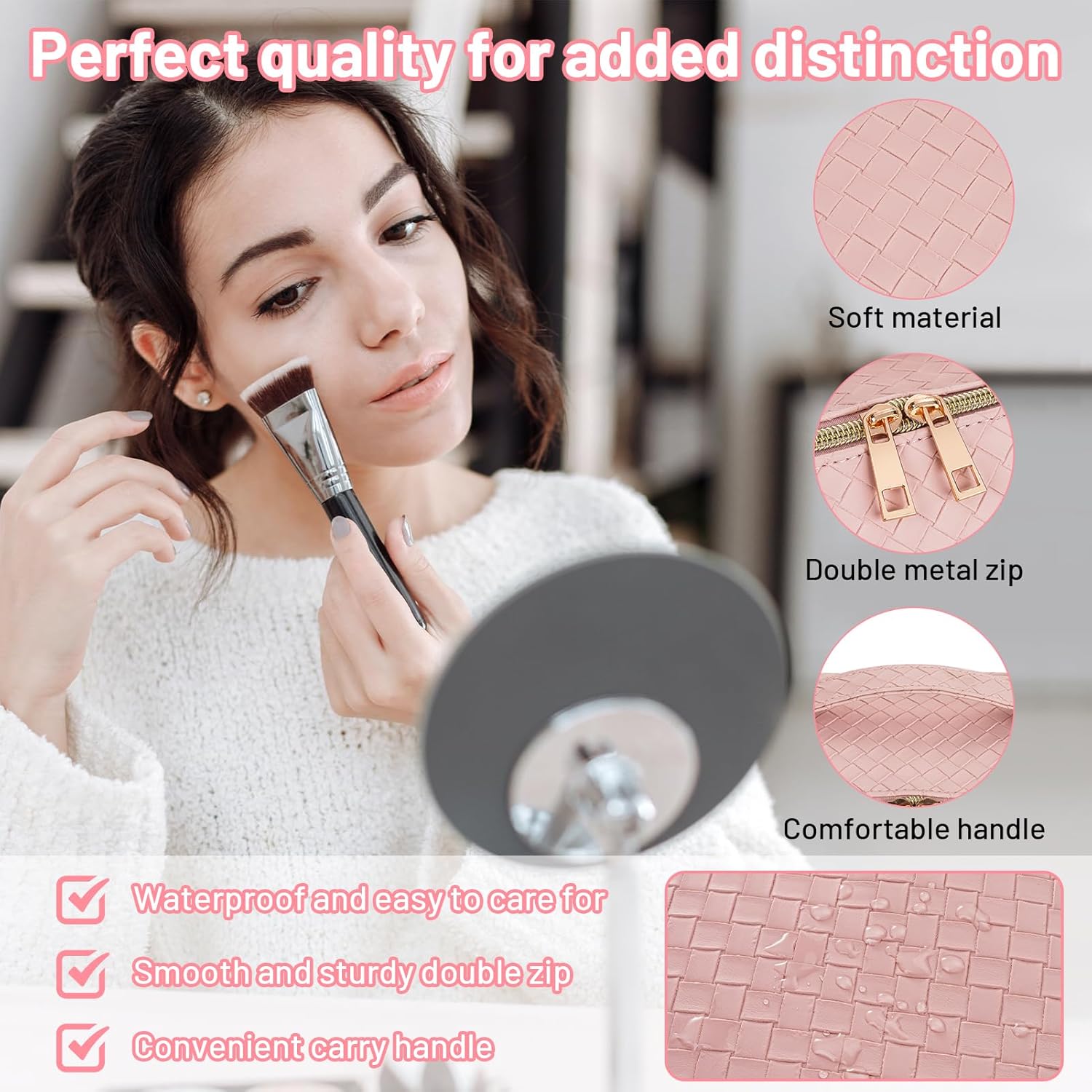 VVABELLI Bolsa de maquillaje  Bolsa de cosméticos de viaje de gran capacidad, portátil de cuero impermeable, bolsa de maquillaje de viaje para