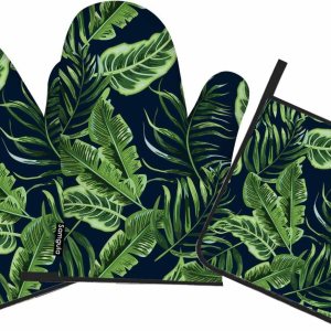 Juego de manoplas de horno y soportes para ollas de hojas verdes, palmeras tropicales, exóticas, resistentes al calor, 3 piezas para cocinar, Juego de manoplas de horno y soportes para ollas de hojas verdes, palmeras tropicales, exóticas, resistentes al calor, 3 piezas para cocinar,