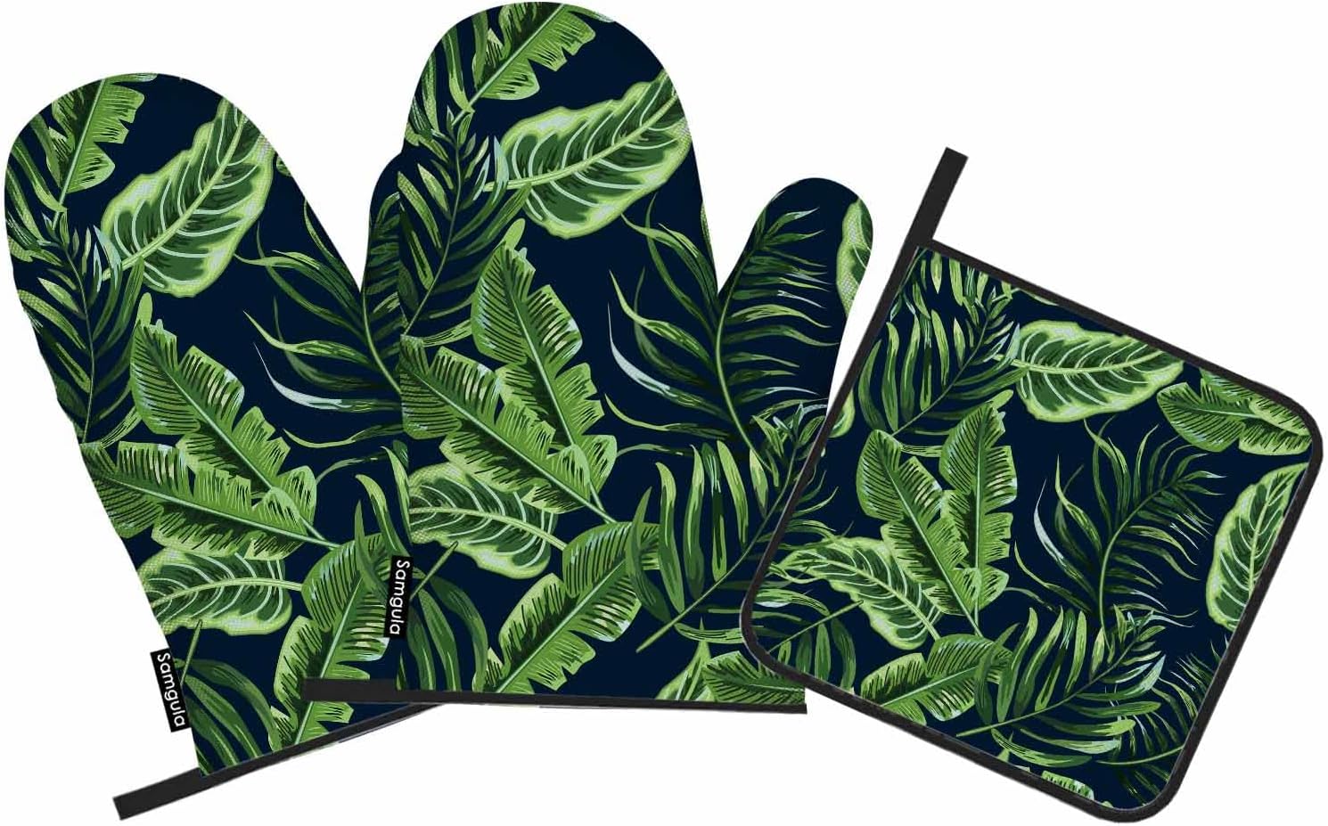 Juego de manoplas de horno y soportes para ollas de hojas verdes, palmeras tropicales, exóticas, resistentes al calor, 3 piezas para cocinar,