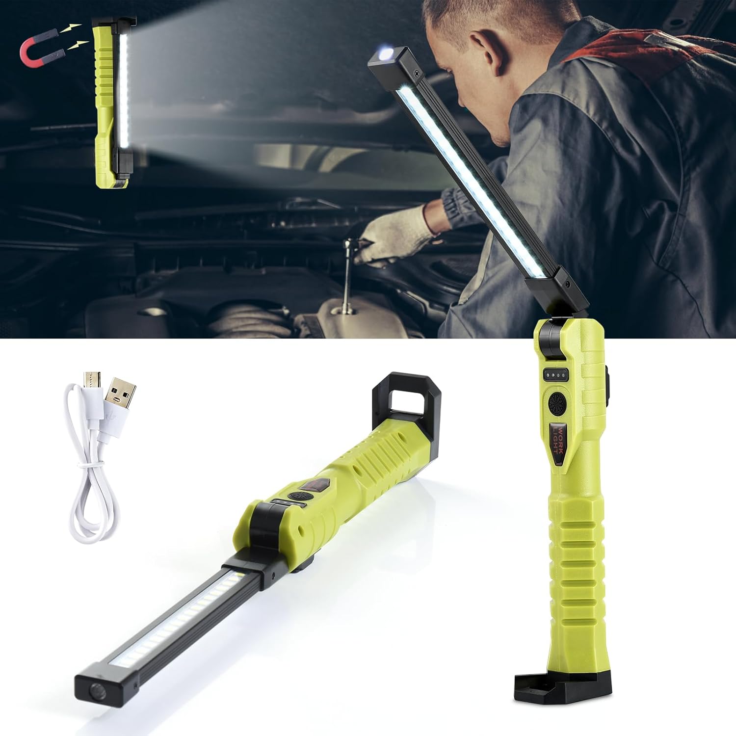 aceyoon Luz de trabajo LED magnética, 1500 lm, 7 modos de iluminación, luz de trabajo recargable, rotación de 180 plegable y gancho con linterna USB