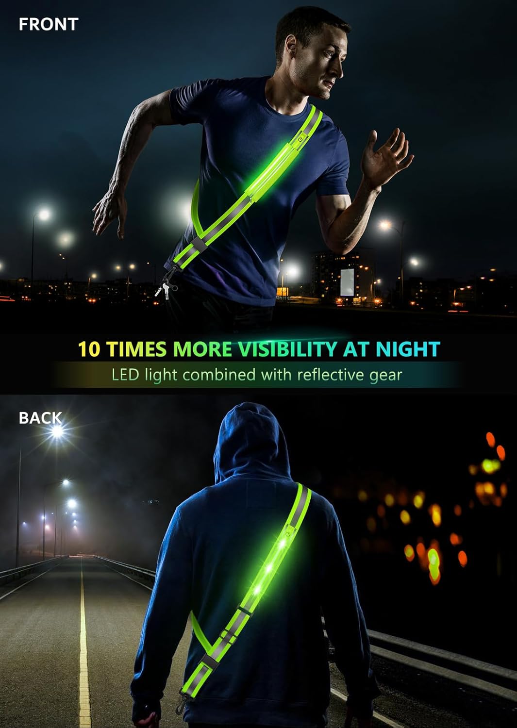 Cinturón reflectante LED para caminar por la noche, equipo de seguridad para correr por la noche, alta visibilidad, recargable, con luz LED,