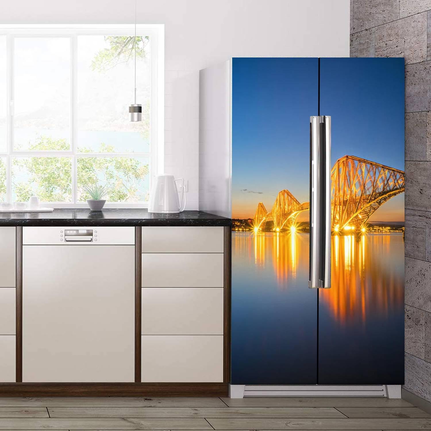 Juego de envolturas de vinilo autoadhesivas para refrigerador, diseño de paisaje natural, color rojo, para puerta de ferrocarril en la noche,