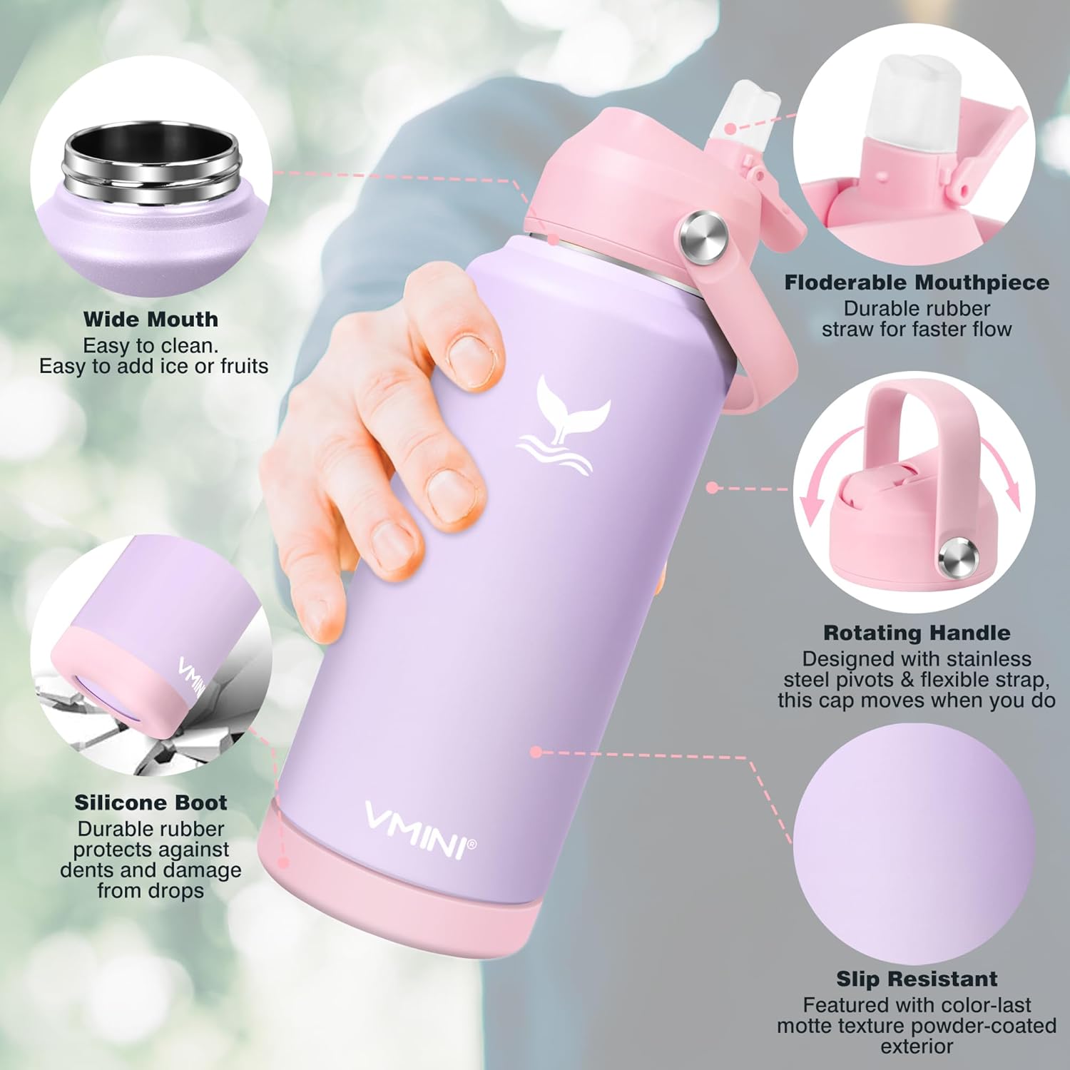 Botella de agua, botella de agua aislada con popote y bota, botella de agua de acero inoxidable para deportes y viajes, termo aislado para hombres,