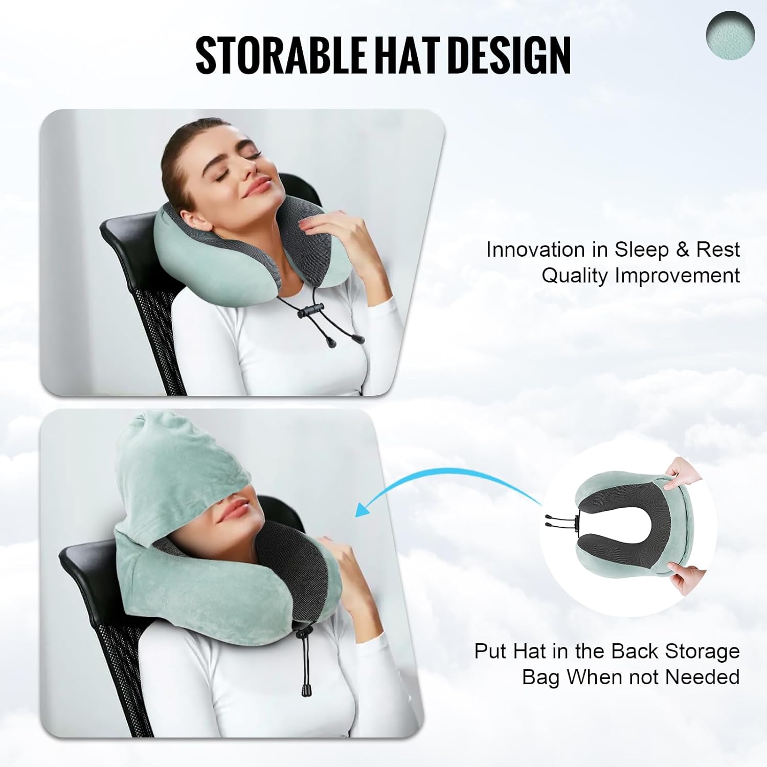 Almohada de viaje, almohada cervical para viajes con capucha para avión, almohada de terciopelo de espuma viscoelástica para el cuello para adultos