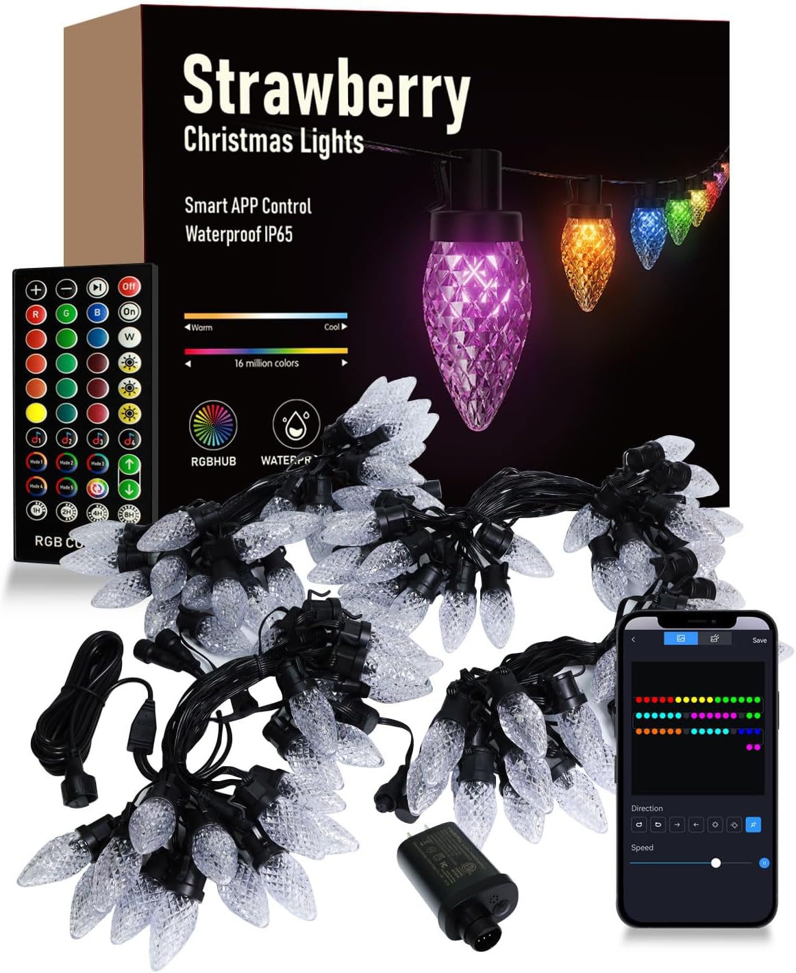 HIITEN Luces de Navidad RGB C9 para exteriores de 79 pies, 100 LED, efectos de persecución de bricolaje, luces de Navidad inteligentes, aplicación