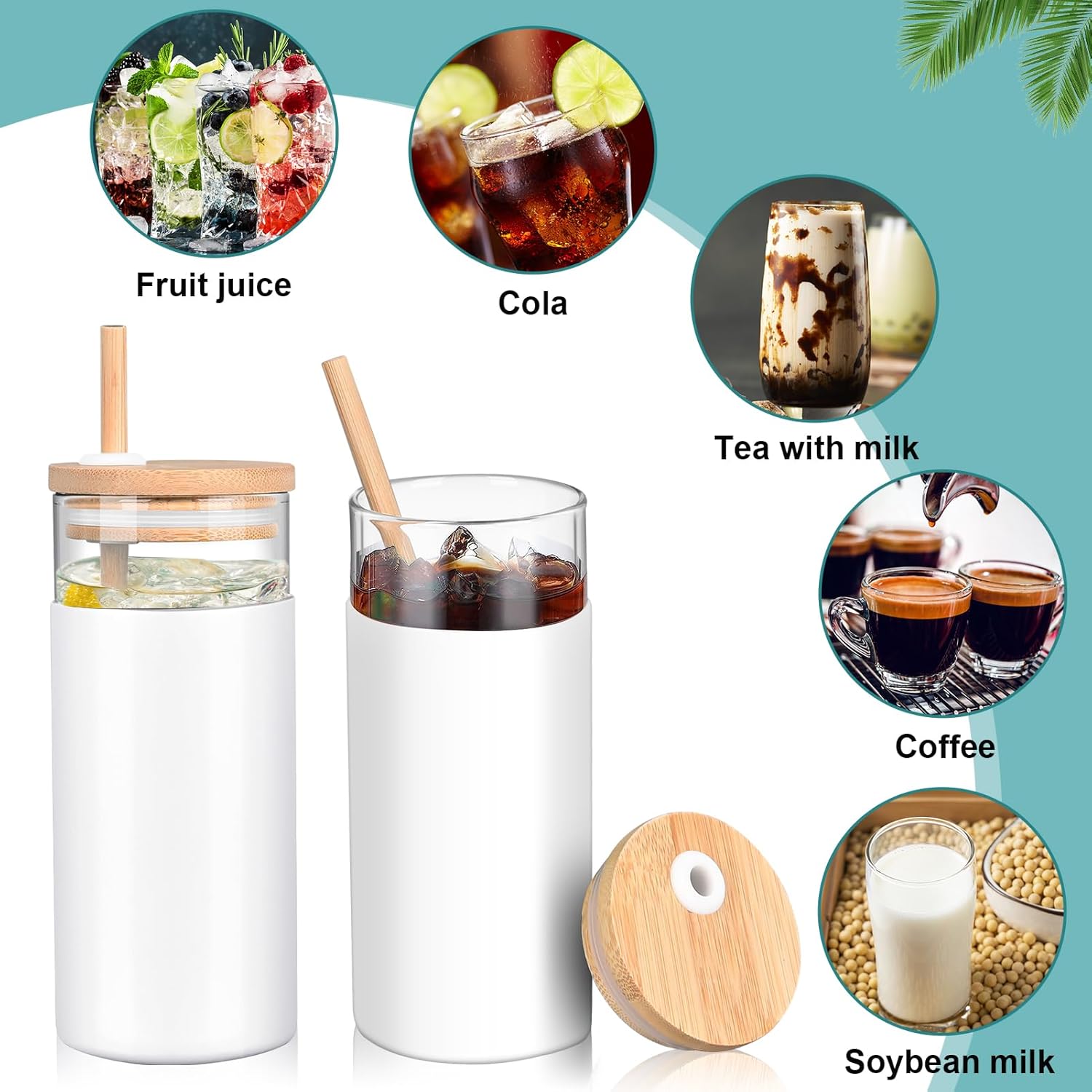 Vaso de vidrio de 20 onzas con popote y tapa, taza de café helado con funda protectora de silicona aislada antideslizante, vasos para agua, café,