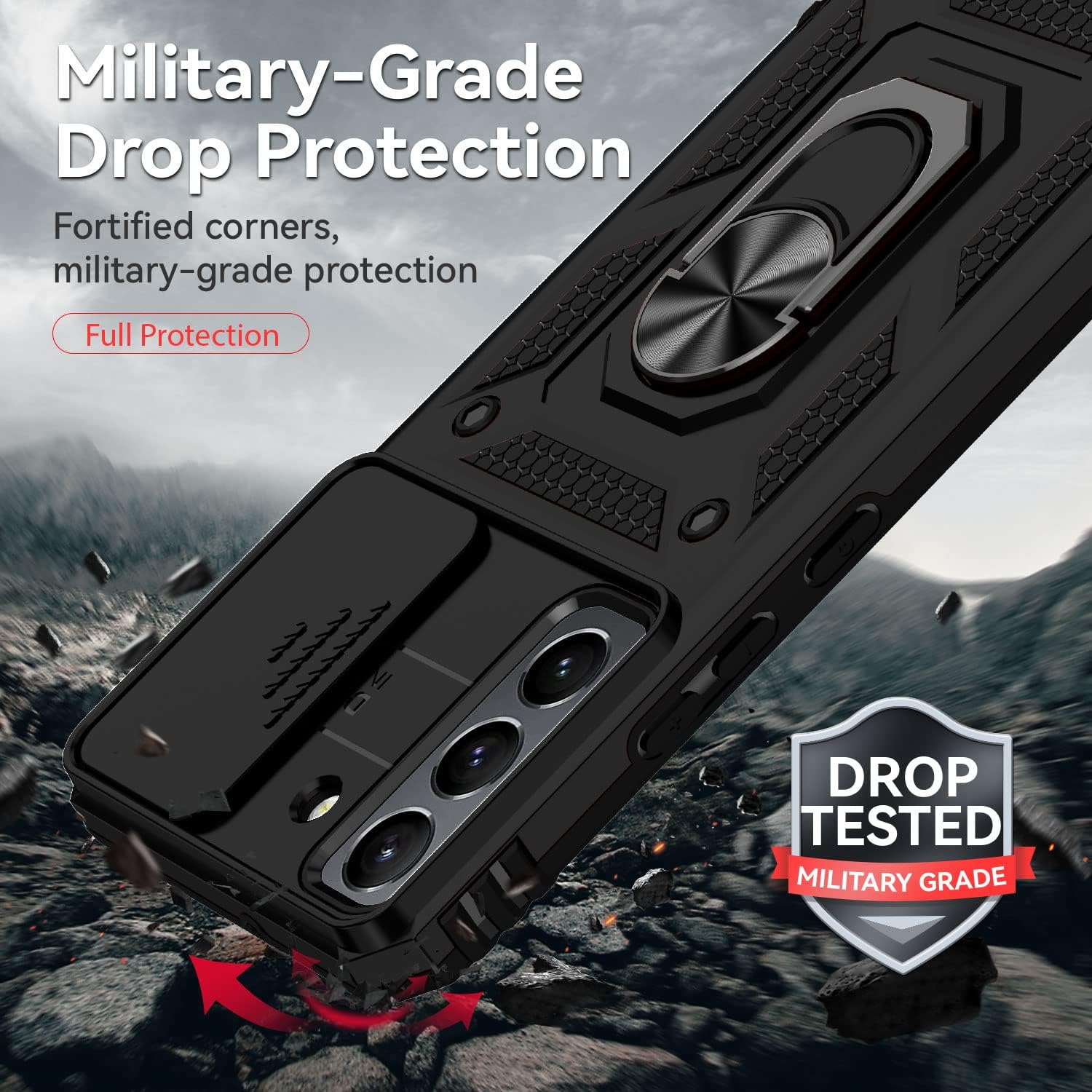 Funda para Samsung Galaxy S22, con cubierta para lente de cámara, protector de pantalla HD, grado militar anillo de montaje en coche con soporte