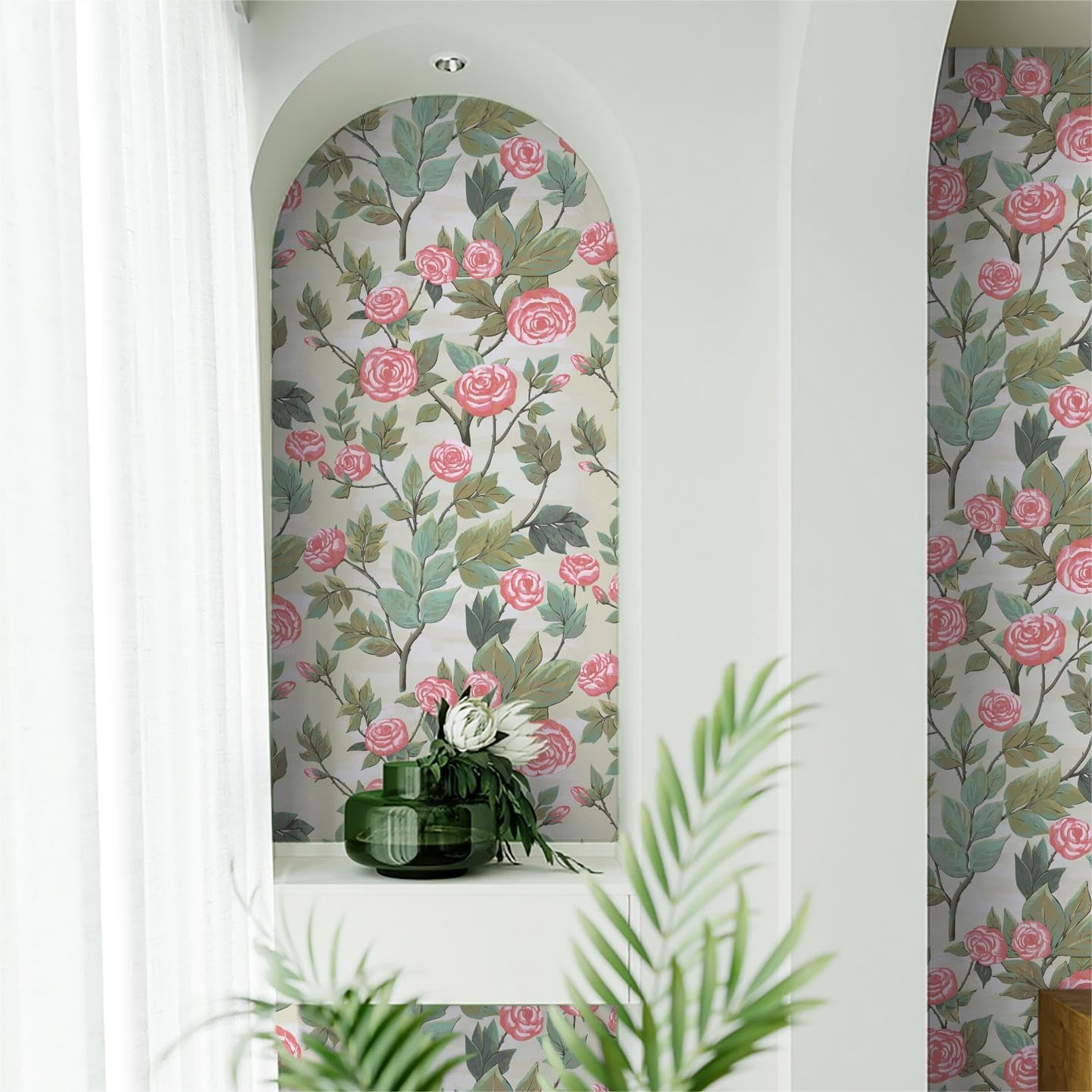 Dimoon Papel tapiz floral de 236 x 16.1 pulgadas, papel de contacto con hojas verdes, flores rosadas, grueso, impermeable, autoadhesivo, papel tapiz
