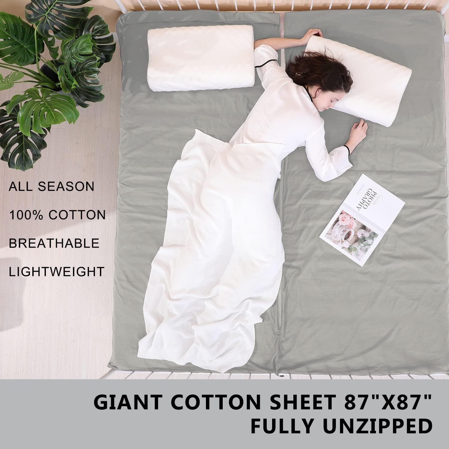 EXERMIL Forro para saco de dormir 100% algodón con cremalleras completas, saco de dormir grande de 87 x 43 pulgadas para adultos para viajes y