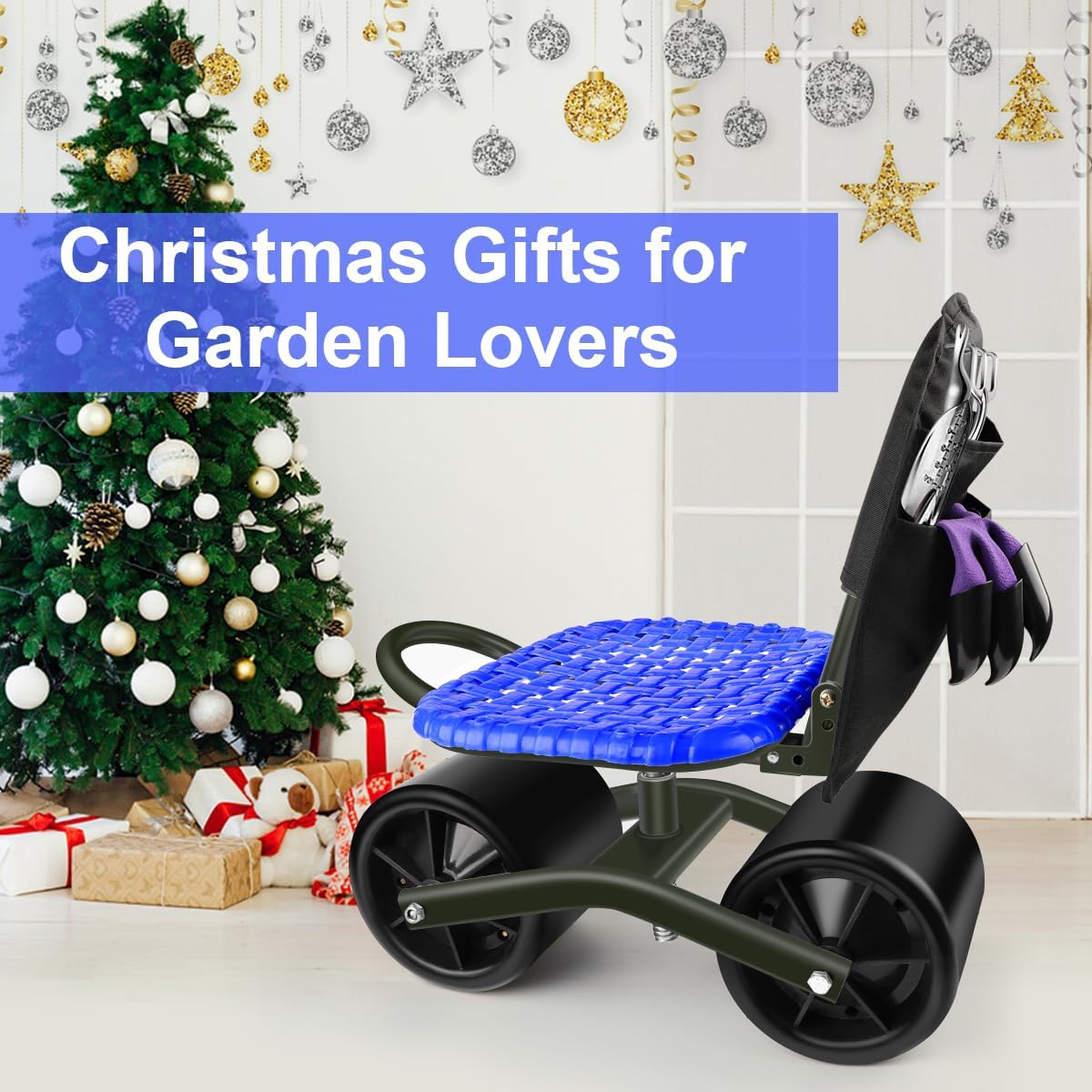 i COVER Taburete rodante de jardín con 2 ruedas y bolsa de herramientas, carrito estable y resistente, altura ajustable del asiento y dirección para