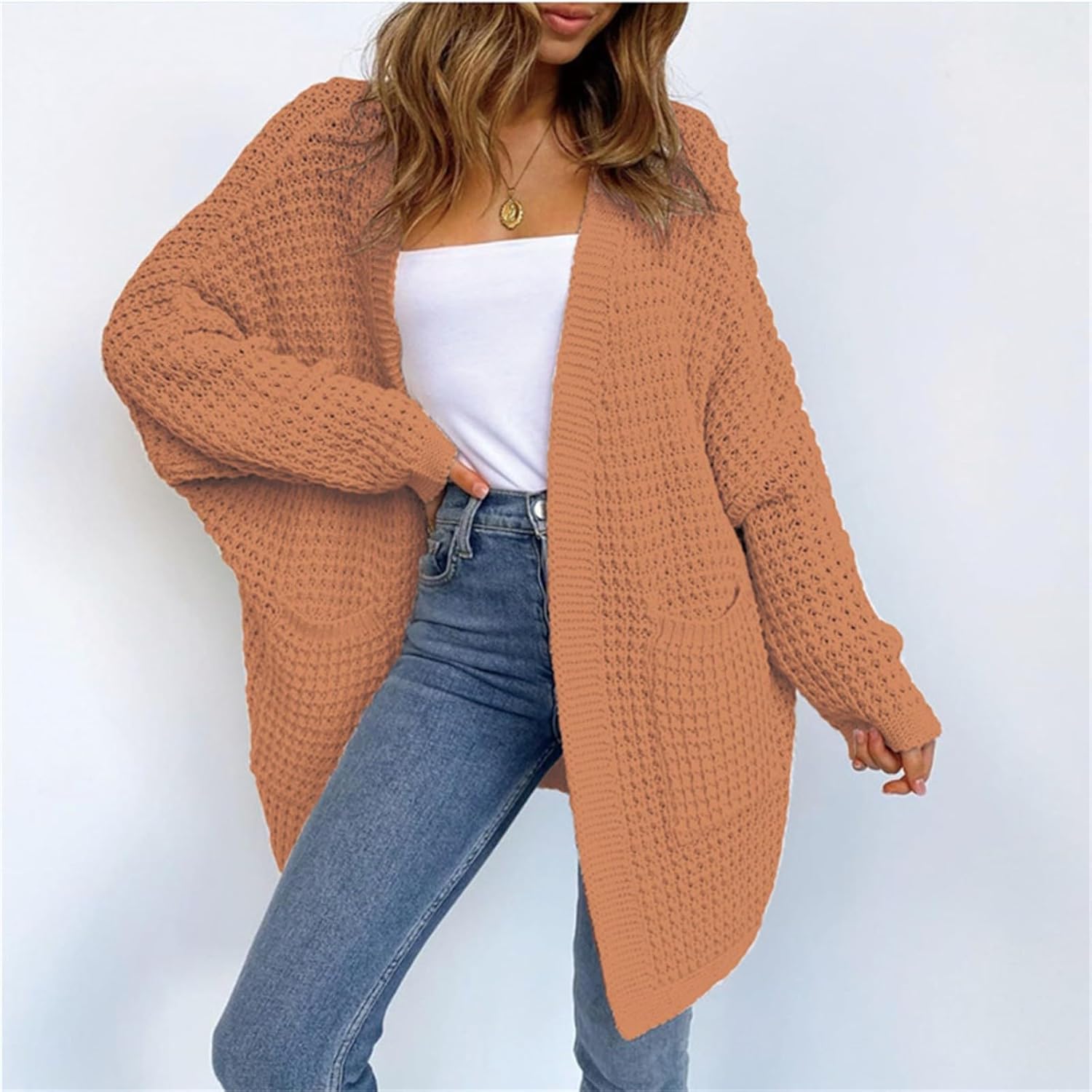 Cárdigan de punto grueso con frente abierto para mujer, suéter de manga larga, acanalado, ligero, elegante, casual, para exteriores