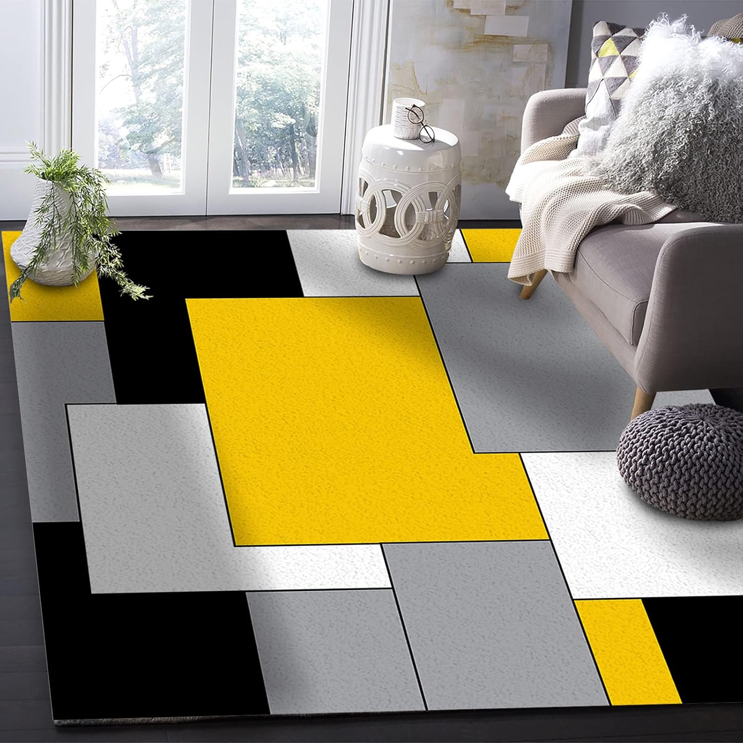 Alfombra lavable de 2 x 3 pies, patrón geométrico amarillo, negro y gris, arte abstracto moderno, alfombra suave antideslizante para sala de estar,