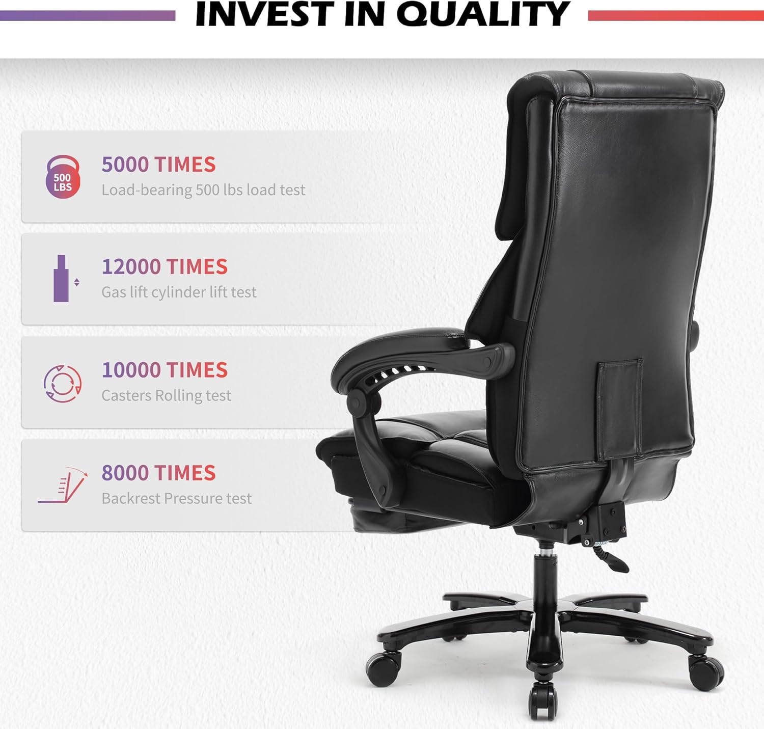 Bosmiller Silla de oficina grande y alta de 500 libras, asiento ancho para personas pesadas con ruedas silenciosas, base de metal resistente,