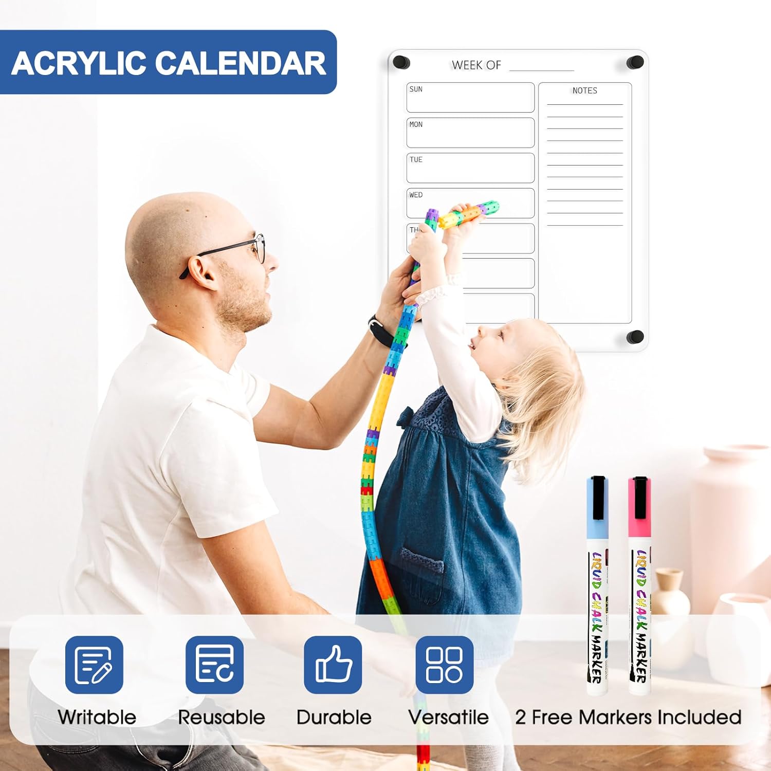AMUSIGHT Calendario acrílico para pared, calendario acrílico transparente de borrado en seco de 12 x 14 pulgadas, pizarra blanca transparente de