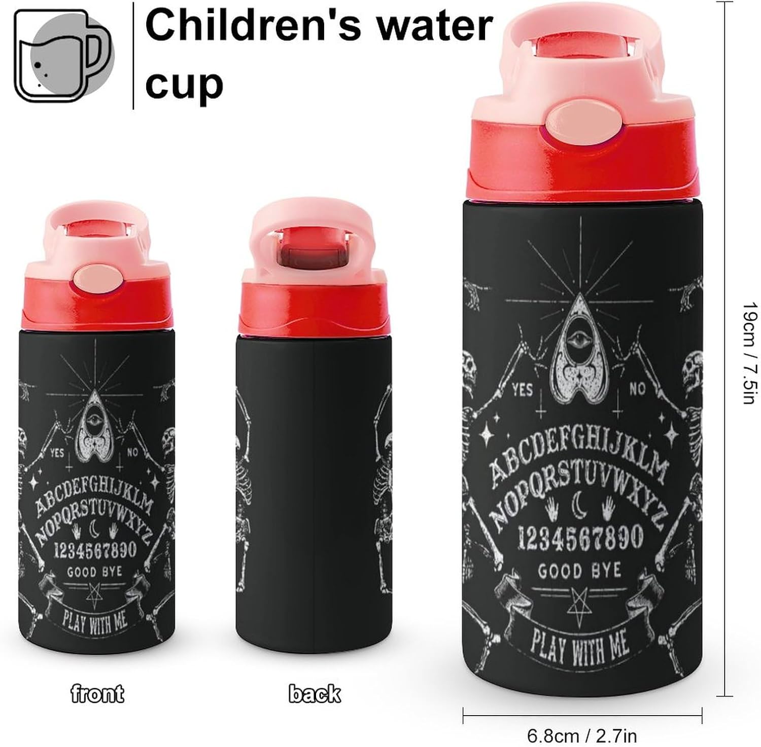 Botella de agua de viaje de acero inoxidable con diseño de bruja mágica de esqueleto gótico negro con pajilla, reutilizable, para hombres y mujeres