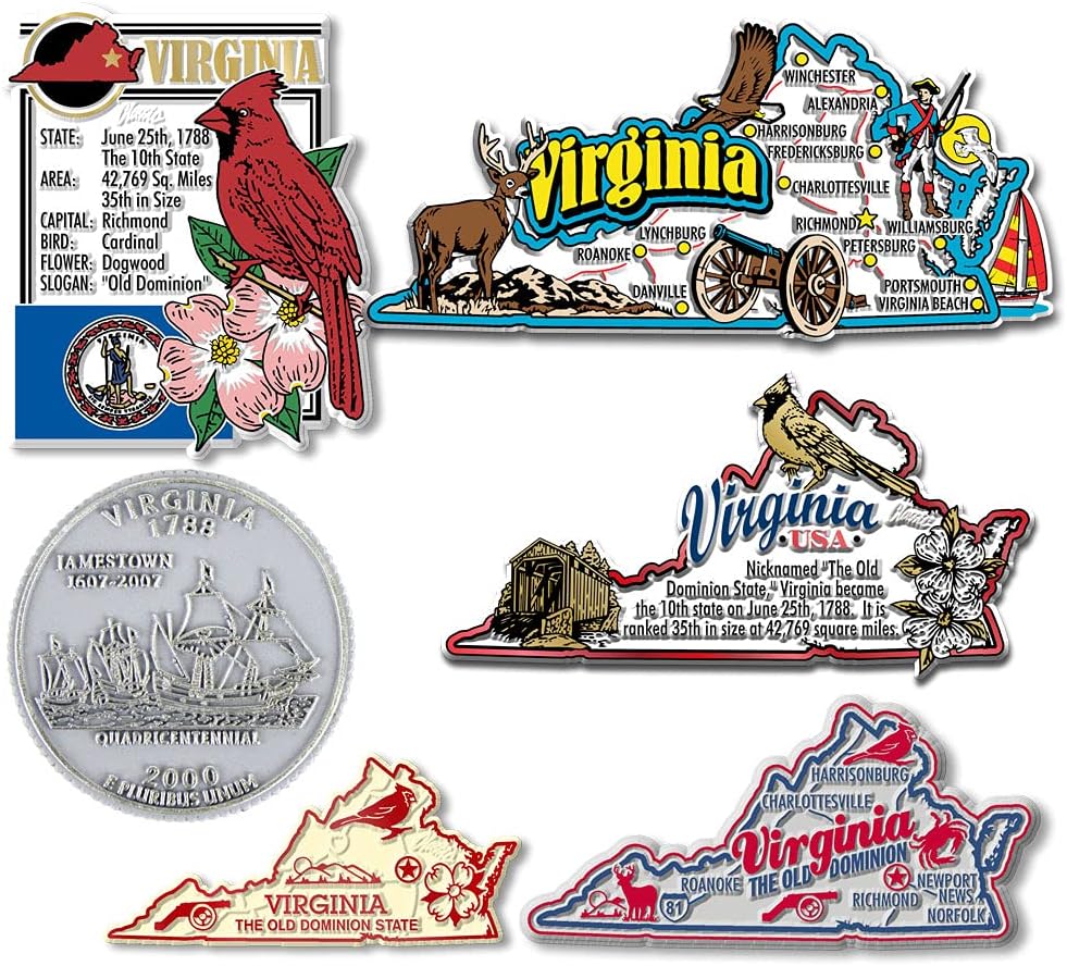 Juego de imanes de estado de Virginia de seis piezas de Classic Magnets, incluye 6 diseños únicos, recuerdos coleccionables fabricados en los