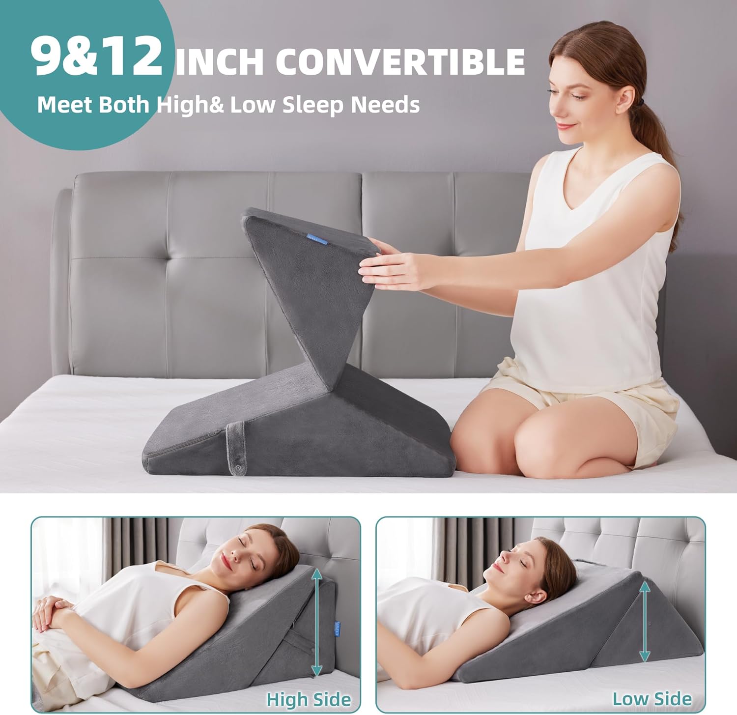 BDEUS Almohada de cuña de cama para dormir, espuma viscoelástica ajustable de 9 y 12 pulgadas de inclinación, almohada de cuña para soporte de
