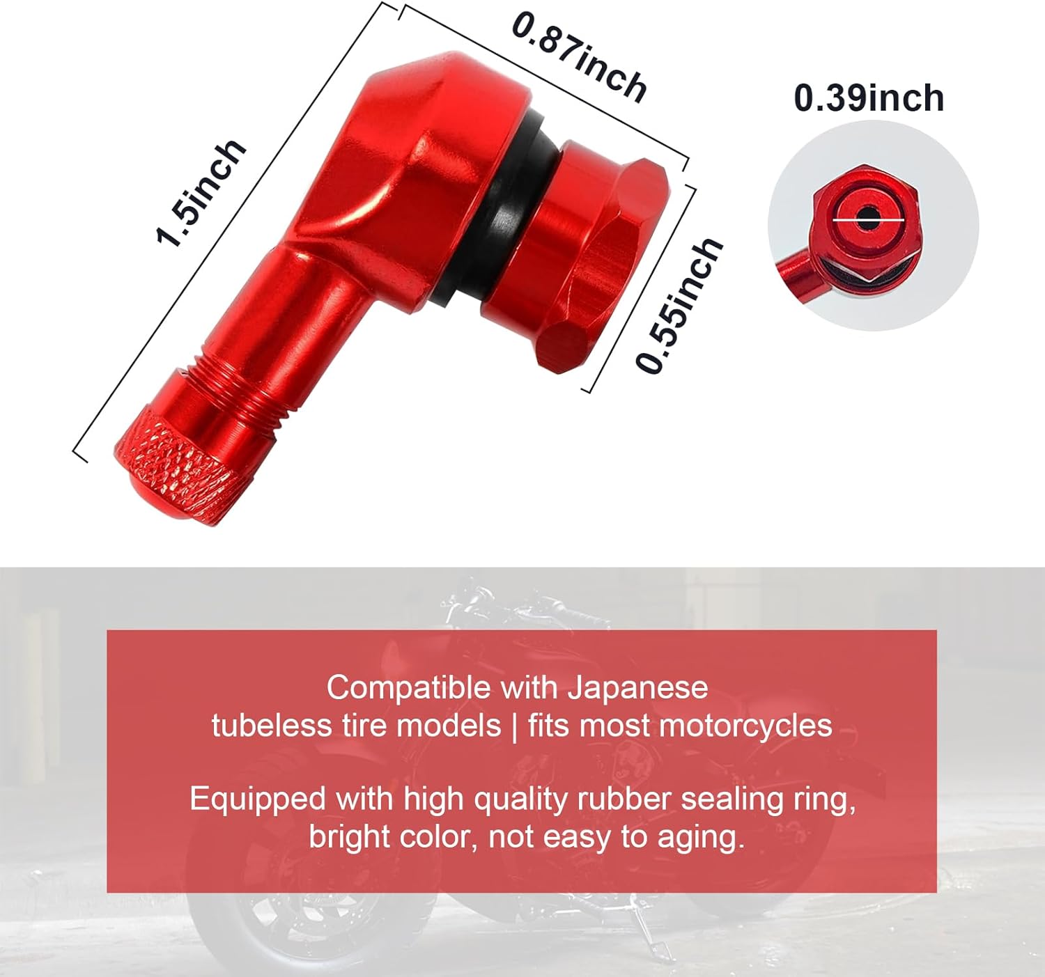 2 vástagos de válvula de neumático de motocicleta, aluminio de 90 grados, rueda de llanta de 0.445 in0.394 in, vástago de aire sin cámara con sellos