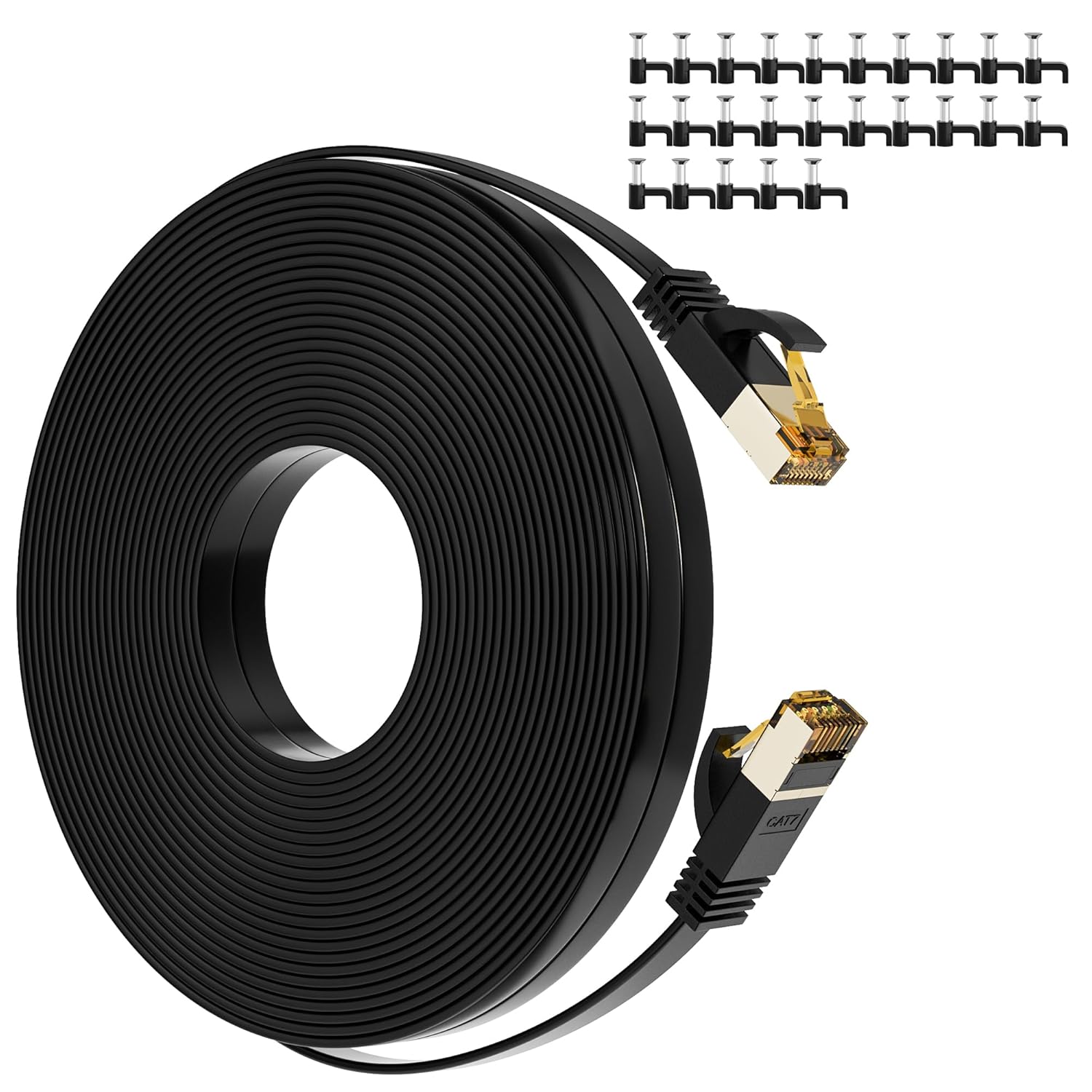 Cable Ethernet Cat 7 de 100 pies, Cat7 plano de alta velocidad de 10 Gbps 600 MHz blindado de red de Internet cable negro, cable LAN RJ45 ultra