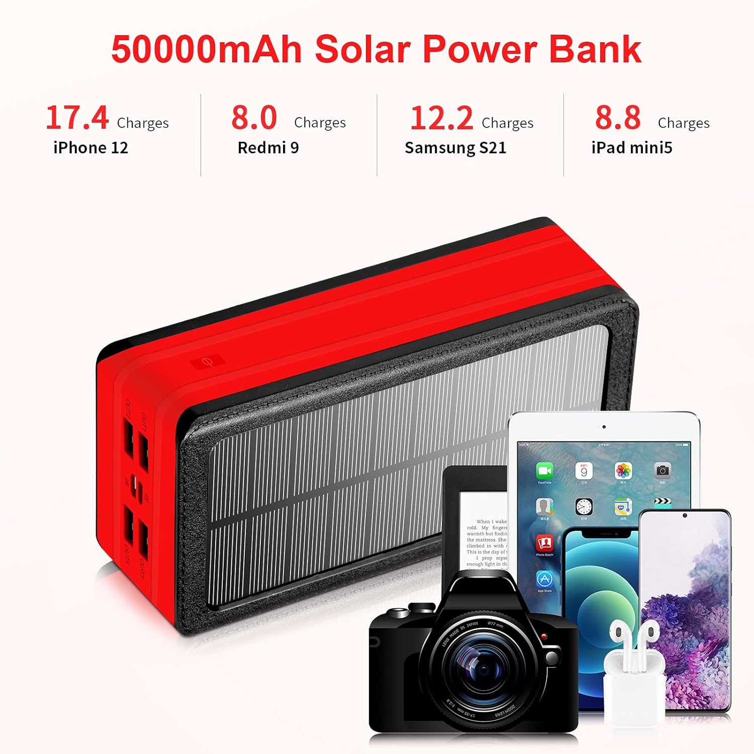 Banco de energía solar de 50000 mAh, cargador de teléfono solar portátil con linterna, 4 puertos de salida, 2 puertos de entrada, banco de batería