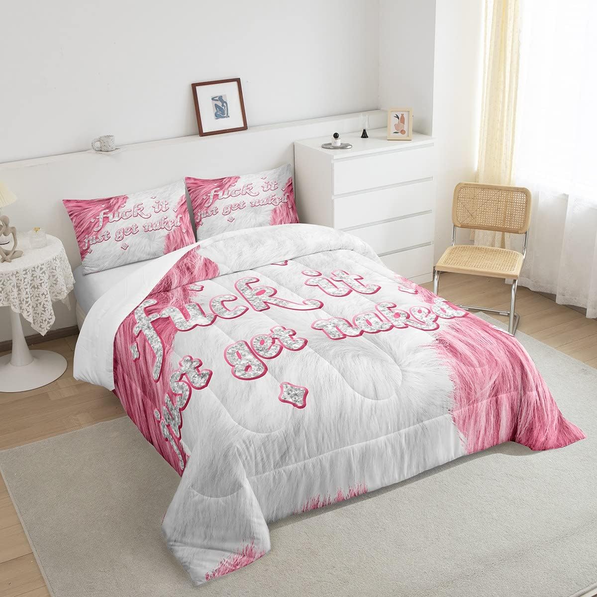 Feelyou Get Naked – Juego de ropa de cama para niños, juego de edredón de piel de vaca para niños, color rosa vaca, decoración con purpurina, juego