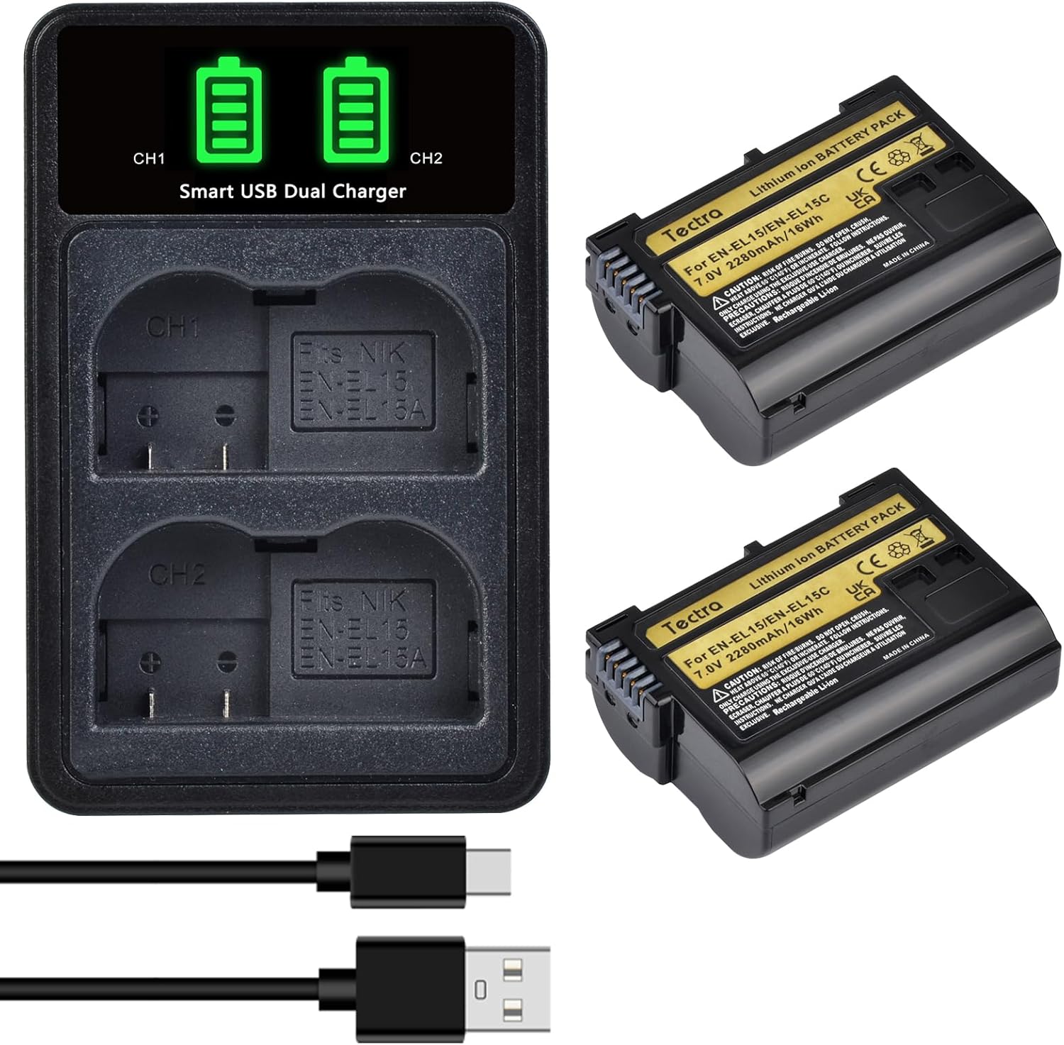 Paquete de 2 baterías EN-EL15C + cargador dual LED para Nikon Z6, Z6 II, Z7, Z7II, D780, D850, D7500, D500, D600, D610, D750, D800, D800E, D810,