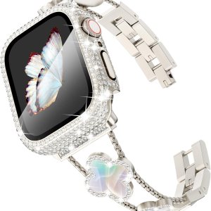 Surace Compatible con correas doradas de Apple Watch de 1.575 pulgadas para mujer, joyería de diamantes de imitación de acero inoxidable con funda Surace Compatible con correas doradas de Apple Watch de 1.575 pulgadas para mujer, joyería de diamantes de imitación de acero inoxidable con funda