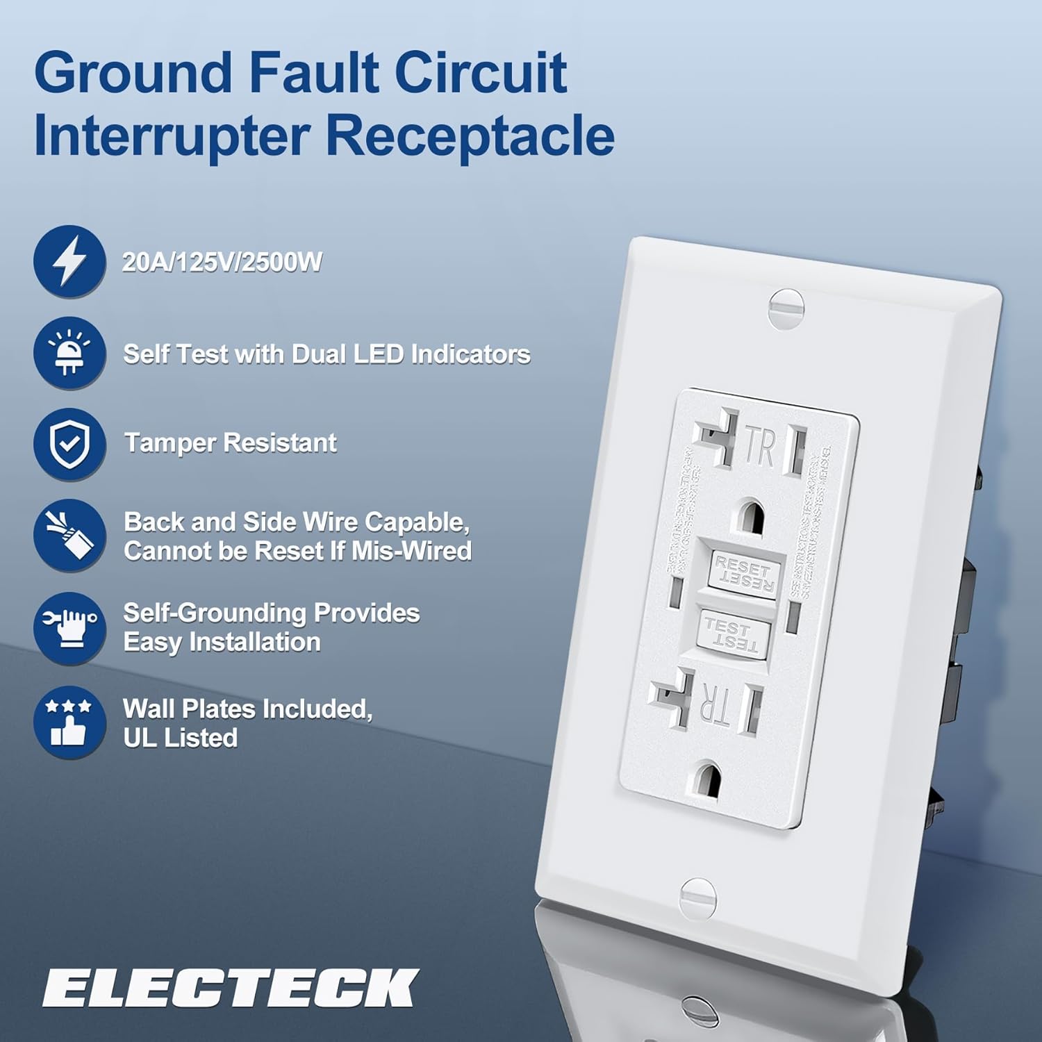 ELECTECK Paquete de 20 salidas GFCI de 20 amperios, resistentes a manipulaciones, receptáculos GFI de autoprueba con indicador LED, interruptor de