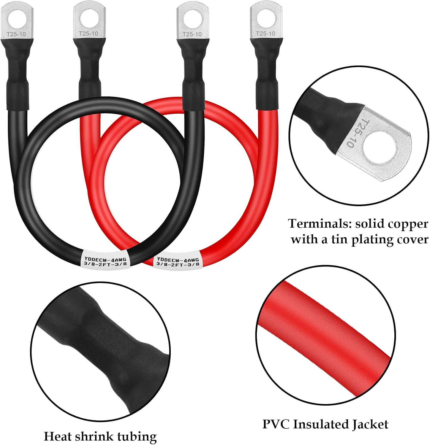 Cable de batería de calibre 4 de 2 pies, cables inversores de energía de batería 4AWG (1 positivo y 1 negativo) con terminales de terminales de 38