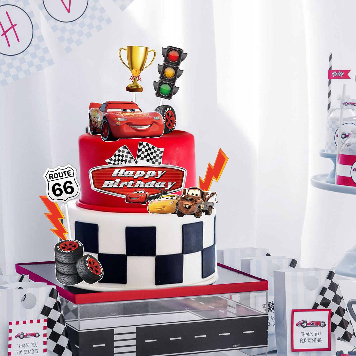 10 piezas de decoración de pasteles de autos de carreras, decoración de pasteles de autos de carreras, bandera a cuadros, decoración de pasteles con