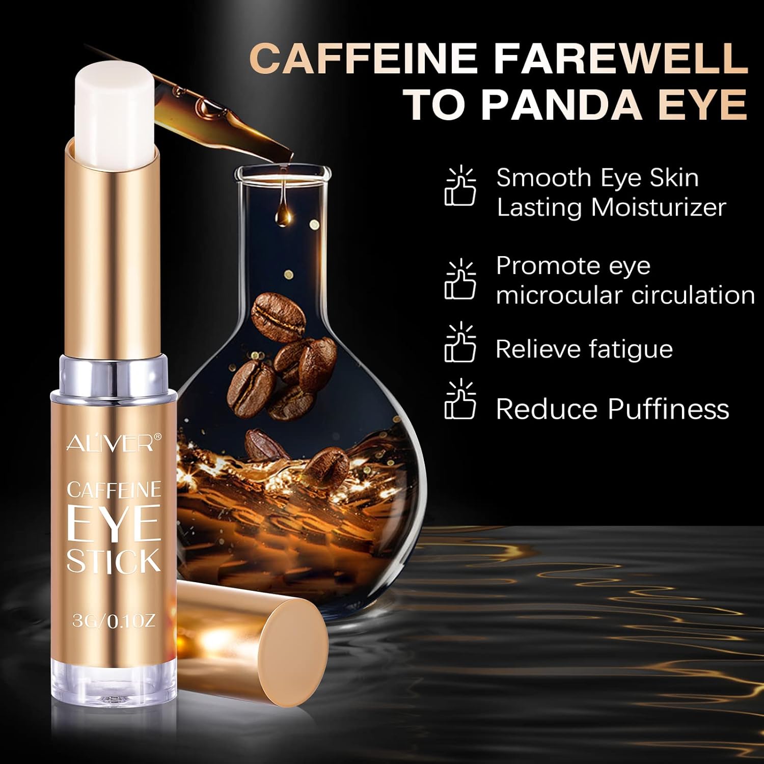 Barra de ojos con cafeína, reduce la hinchazón de los ojos y las ojeras, difumina las líneas finas, incluye cafeína, ácido hialurónico, vitamina C,
