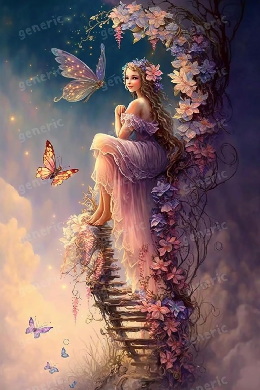 Eter Pintura de diamantes, escalera de flores, kit de pintura de diamantes de hada, adecuado para adultos, pintura de diamante 5D, punto de cruz,