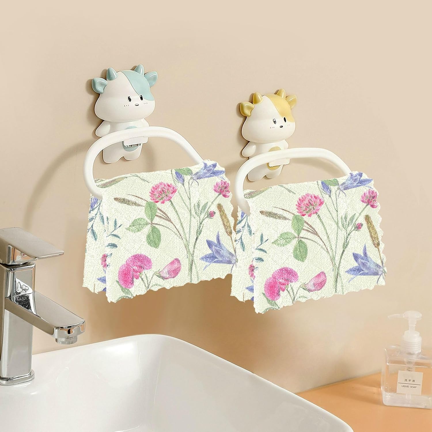 Pink Purple Wildflowers Industrial Cotton Print Microfiber Kitchen Towels Fast Drying Set of 6 Microfiber Absorbant Towel for Countertop