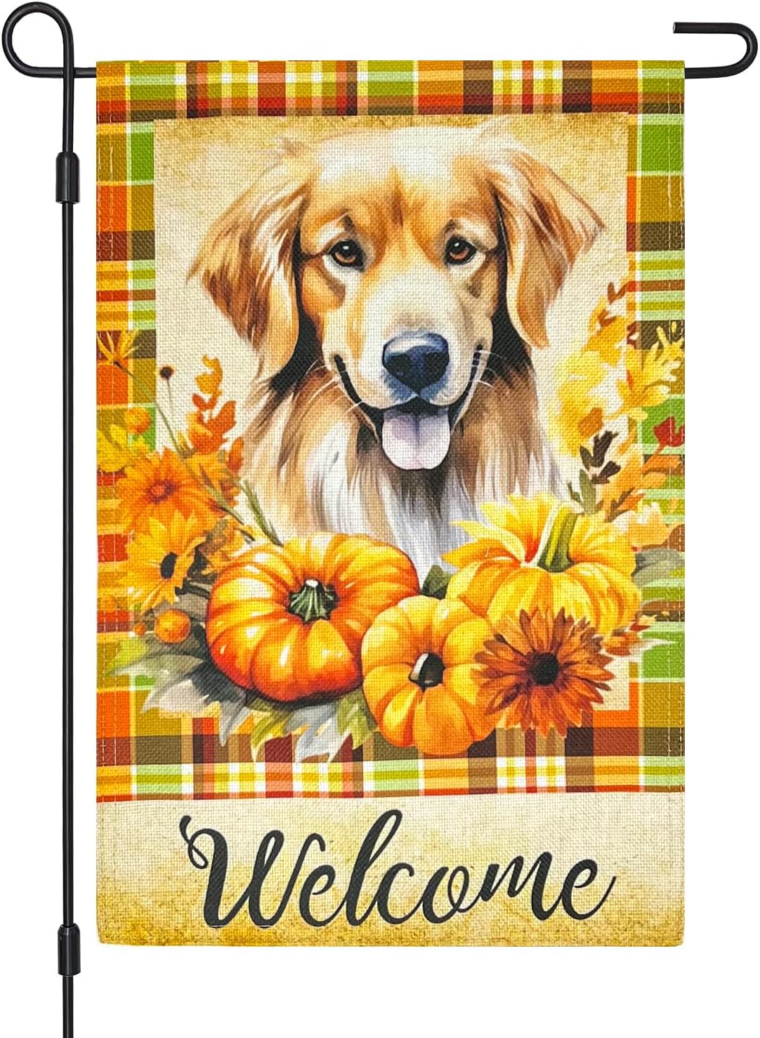 Bandera decorativa de arpillera para jardín, 12 x 18 pulgadas, de doble cara, calabaza, cachorro, perro, madras, a cuadros, pequeñas banderas