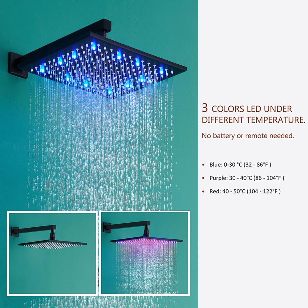 MONDAWE Sistema de ducha LED para baño, cabezal de ducha doble de lluvia de 12 pulgadas con rociador de asa, juego de ducha termostática de 3