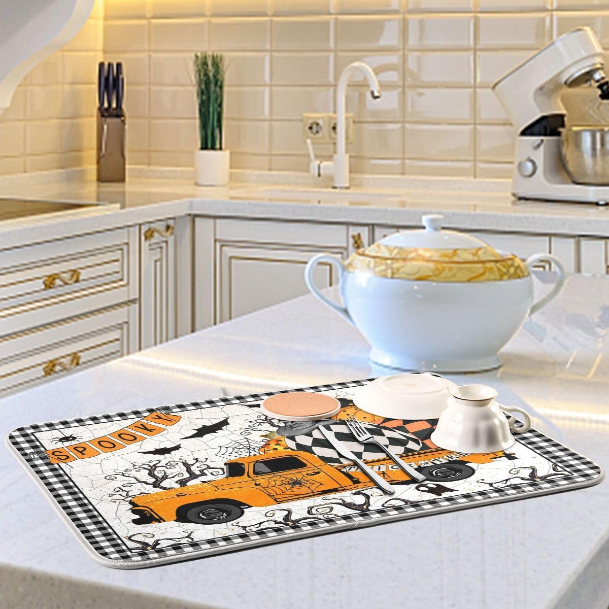 Tapete de secado de platos con diseño de calabaza y camión de Happy Halloween, tapete de secado de microfibra absorbente reversible para platos de