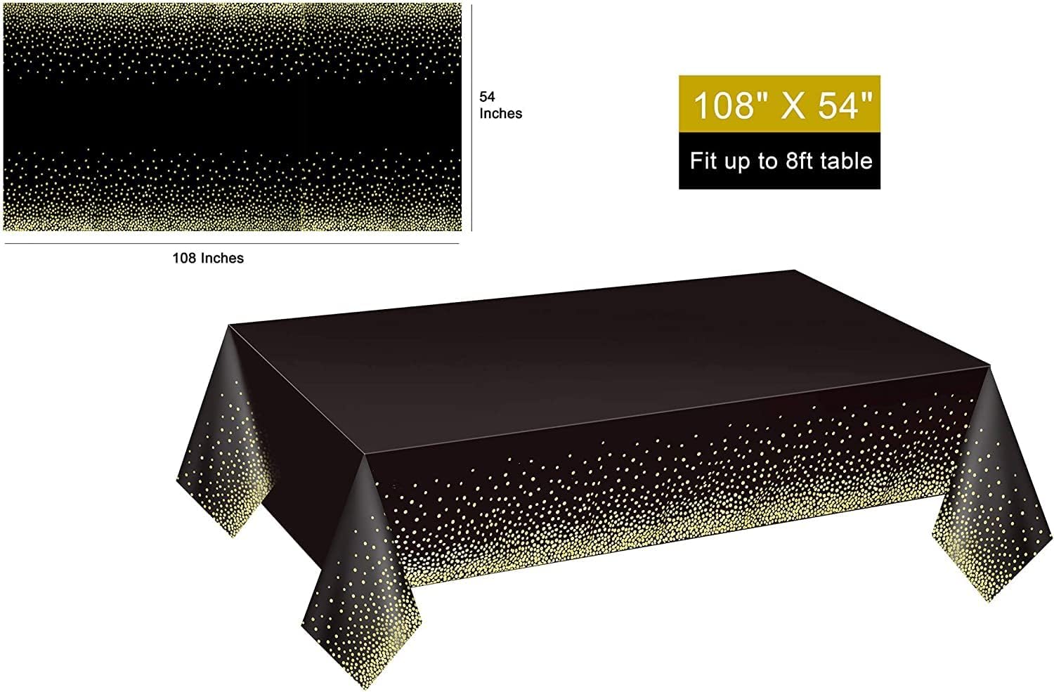 Paquete de 12 manteles de plástico desechables negro y dorado para mesas rectangulares (54 x 108 pulgadas), fundas desechables impermeables para