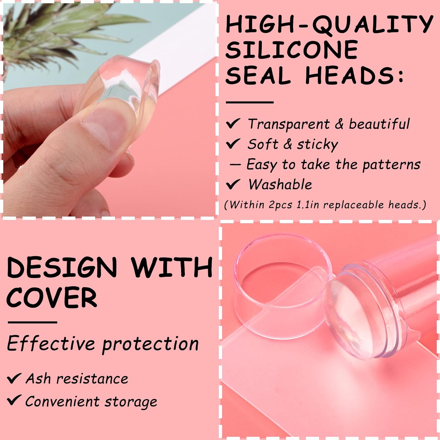 YUNAI Sello de uñas de punta francesa con raspadores  Kit de sello de uñas suave transparente de gelatina de silicona con 2 cabezales de reemplazo,