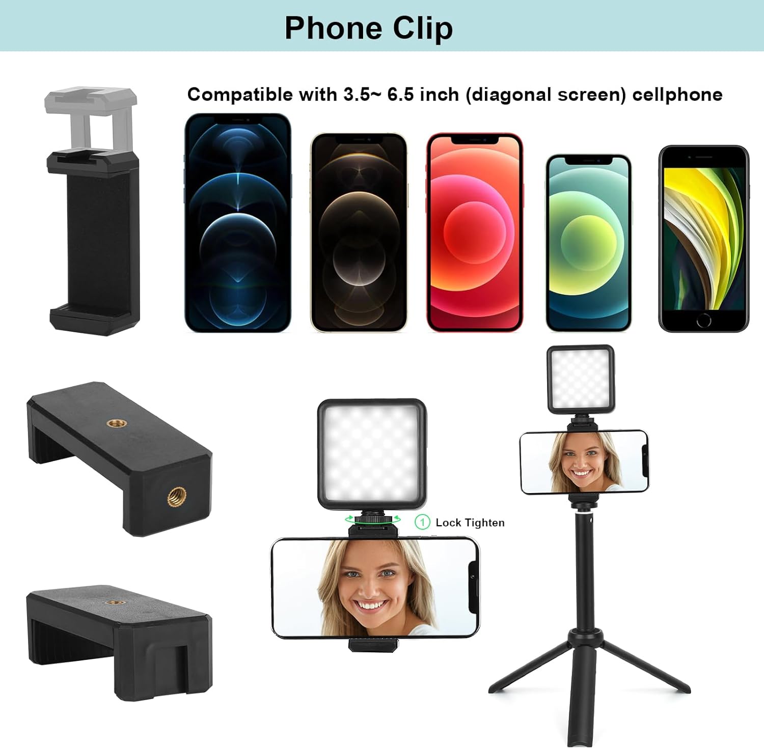 Luz selfie con trípode y clip para iPhoneiPadcomputadora portátilcomputadorateléfono inteligente Android, 5,905.5 ft Ah USB recargable 9 modos de