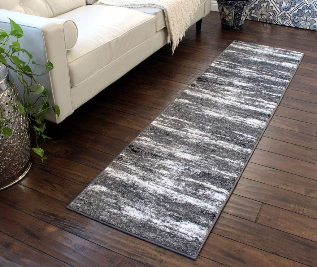 Masada Rugs, Stephanie Collection – Alfombra de área moderna y contemporánea, 1102, gris, blanco, negro (2 pies x 7 pies 3 pulgadas)