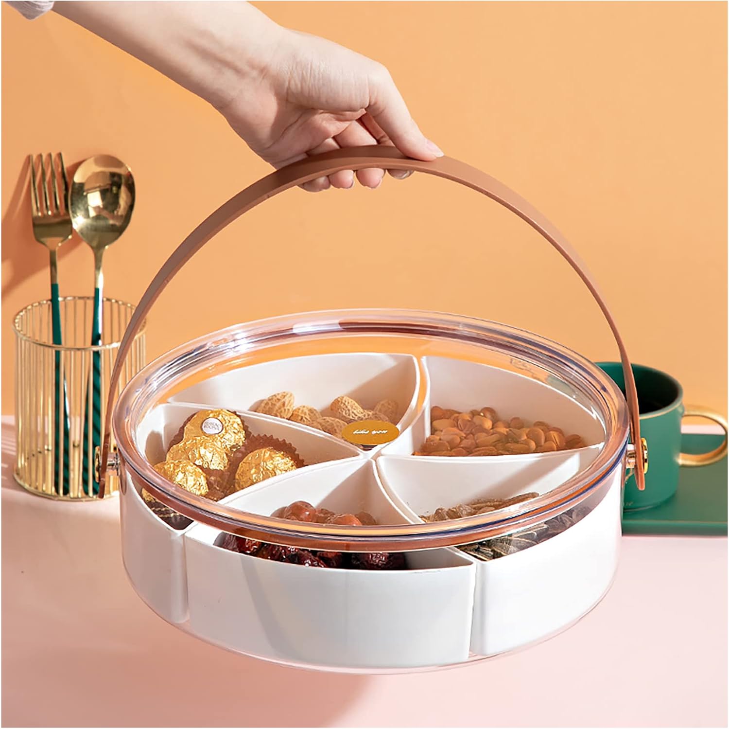 Bandeja transparente dividida para servir con tapa y asa, bandeja redonda portátil de plástico para verduras, caja de almacenamiento de alimentos