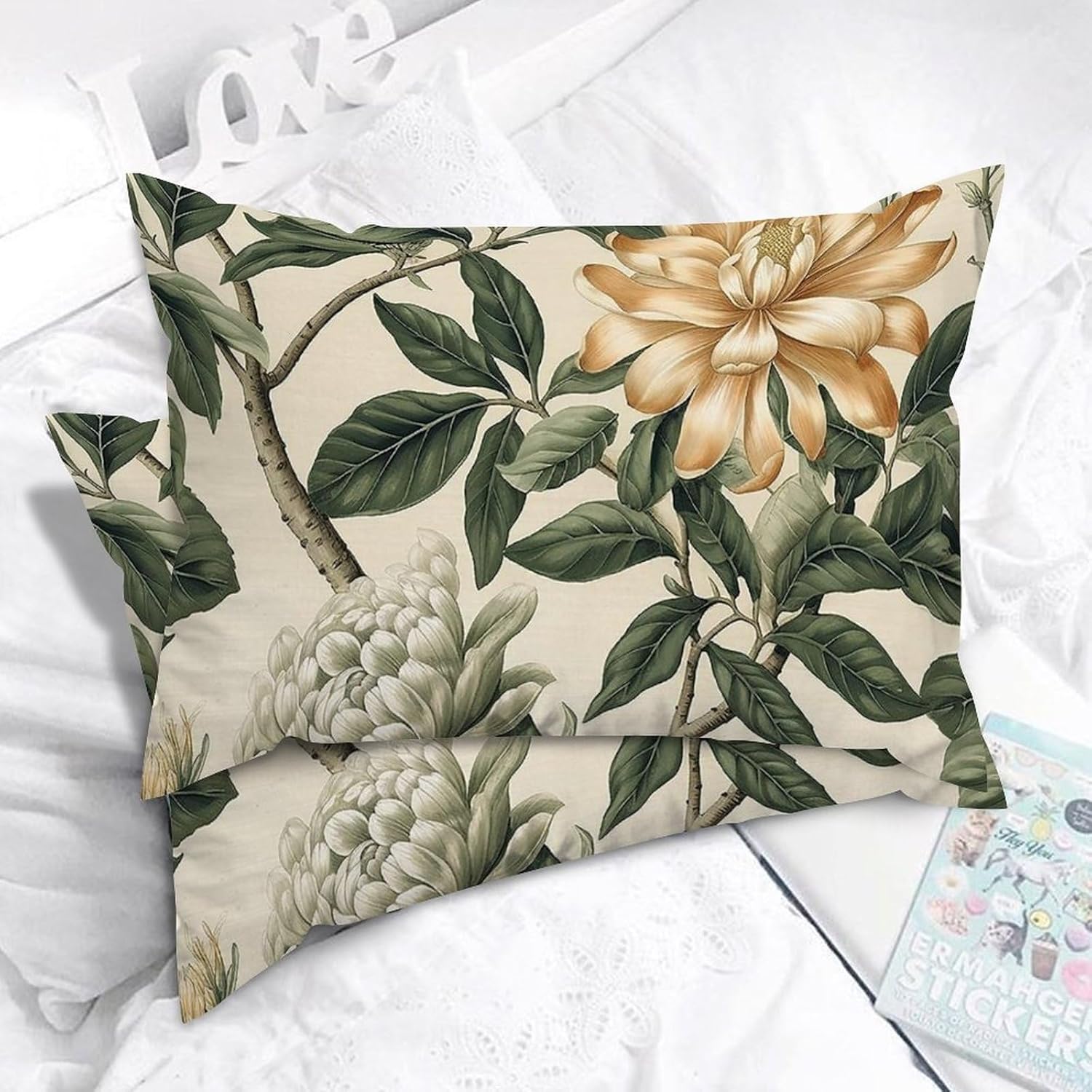 Green and White Chinoiserie Floral Rectangular Cushion Cover Set of 2 Chinese Style Throw Pillowcase 12x18in Decorative Pillow Home Cotton Linen