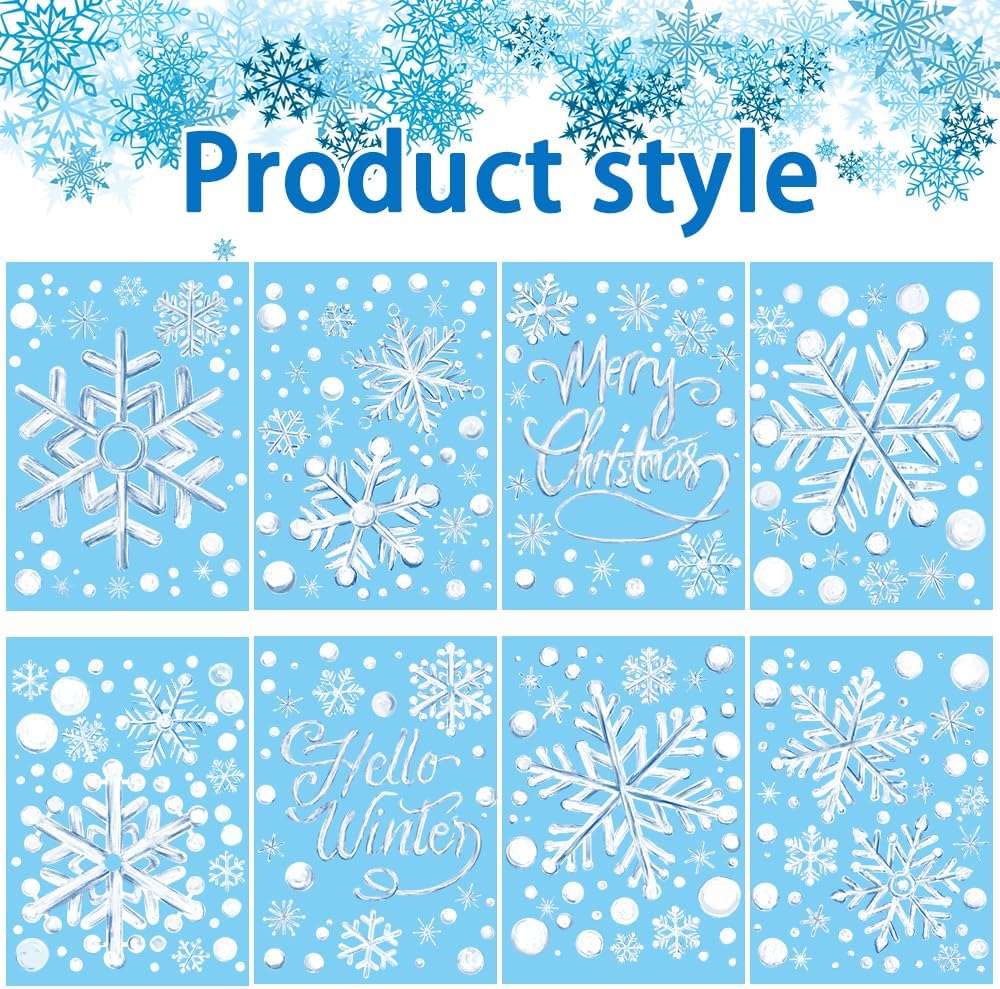 YUJUN 8 hojas de calcomanías de ventana de copos de nieve de invierno, pintura al óleo azul de Navidad, copos de nieve, calcomanías para ventana de