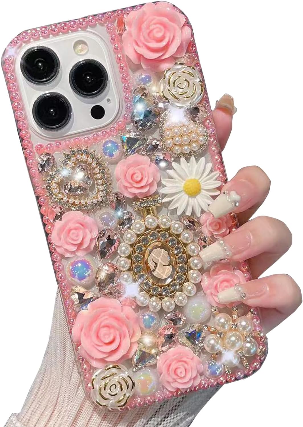 Funda con diamantes de imitación para iPhone 15 Pro Max de 6.7 pulgadas, CuteGlitter Bling Bling Luxury 3D Stone Diamond Flower Rose Queen Soft TPU
